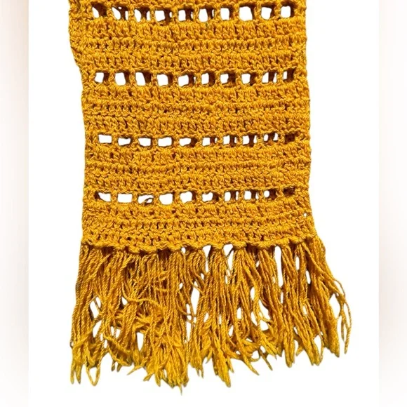 Vintage Pat Crowley Hand Crocheted 100% Wool Fringe Scarf Mustard Yellow Ireland